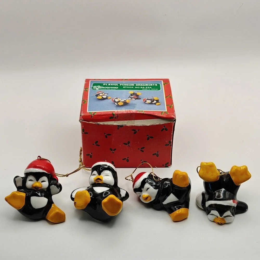 Christmas Around the World Playful Penguin 4pc Ceramic Hanging Ornaments 54-224